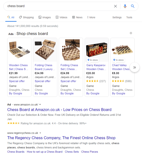 Google - ads on search results page for 'chess board'