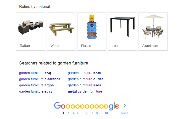 Google garden furniture SERP - Refine by material