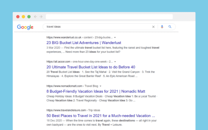 Google results for 'travel ideas'